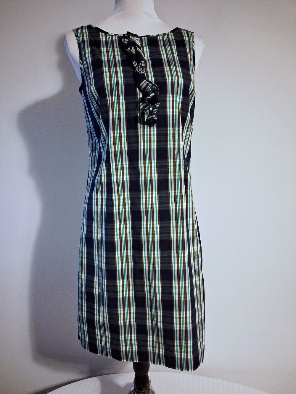 Blue Plaid Sleeveless Shift Dress With Ruffle Detail